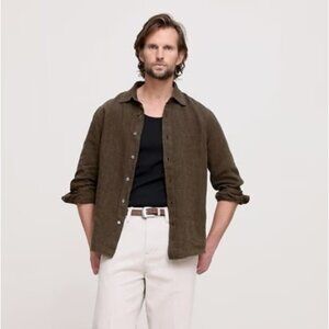 Banana Republic 100% Linen Button Up Shirt Brown XXL Tall Untucked Standard Fit